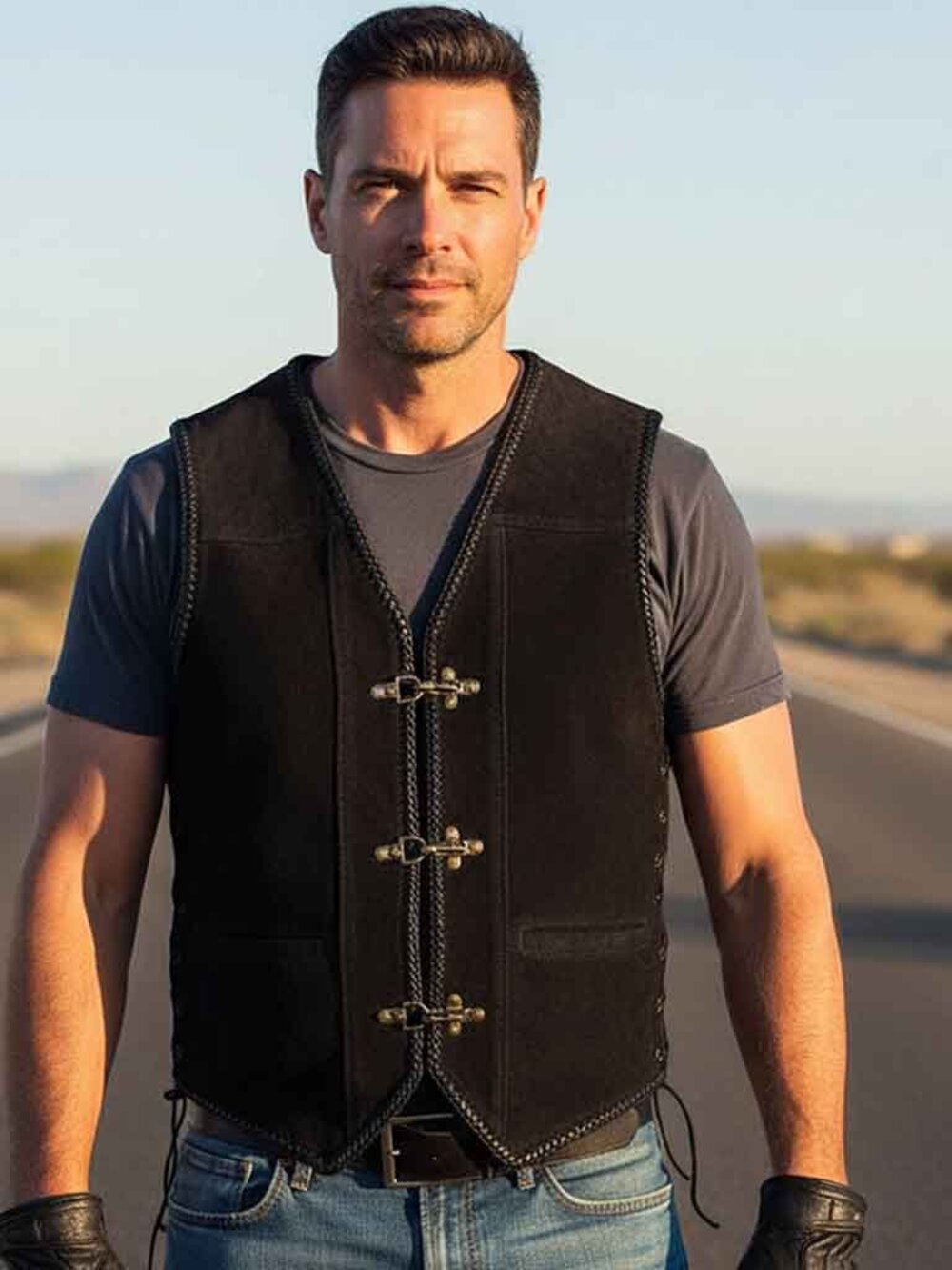 RIDERACT® Black Leather Motorcycle Vest Mens Biker Triple Clasp Riding Gear